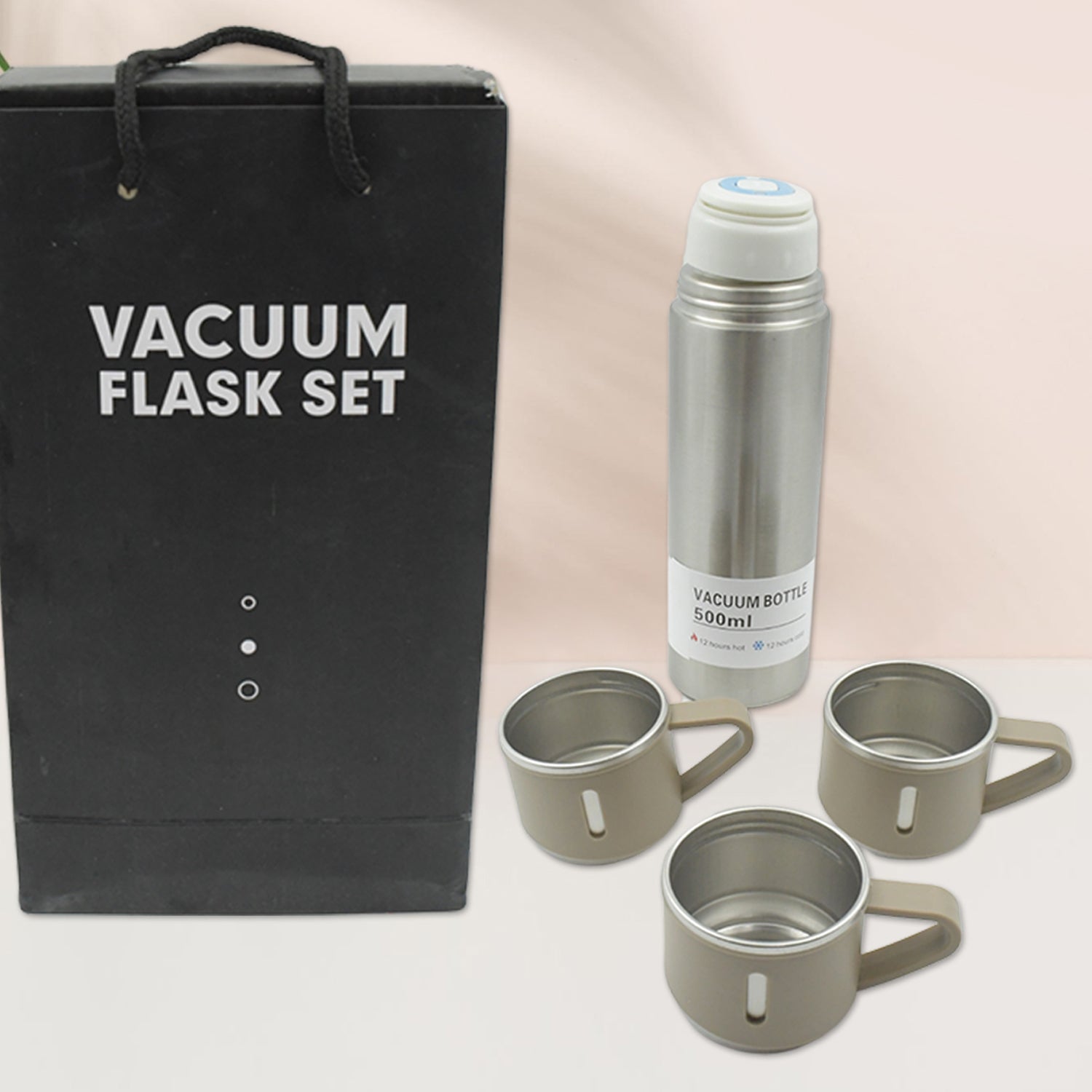 Stainless Steel Vacuum Flask Set with 3 Steel Cups Combo for Coffee Hot Drink and Cold Water Flask Ideal Gifting Travel Friendly Latest Flask Bottle. (500ml) Stainless Steel Vacuum Flask Set with 3 Steel Cups Combo for Coffee Hot Drink and Cold Water Flask Ideal Gifting Travel Friendly Latest Flask Bottle. (500ml)